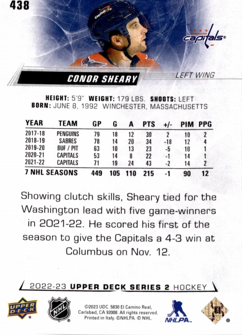 5 CARD LOT - 2022-23 Upper Deck Series 2 - Conor Sheary #438 - Image 2 of 2