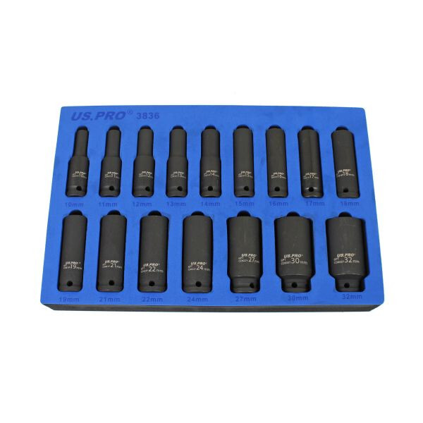 US PRO DEEP IMPACT SOCKET Set 1/2""Dr 16pc 10mm-32mm 6pt Hex Long Reach Sockets