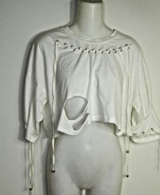 POL Clothing Shirt White Cropped Distressed Beaded Strings Western Country