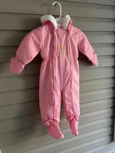 Vintage 80's OS to 24 months pink bear embroidered Baby One Piece Snow Suit - Picture 13 of 16