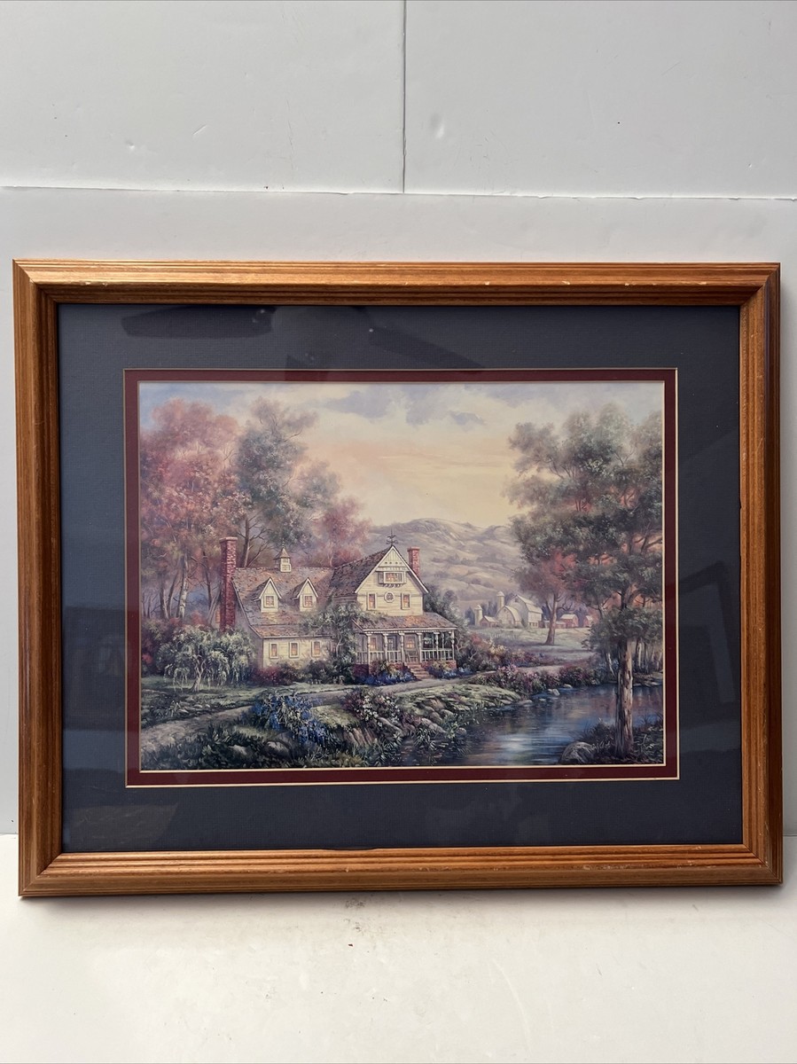 Carl Valente “River Front Cottage Floral Garden” Wood Framed