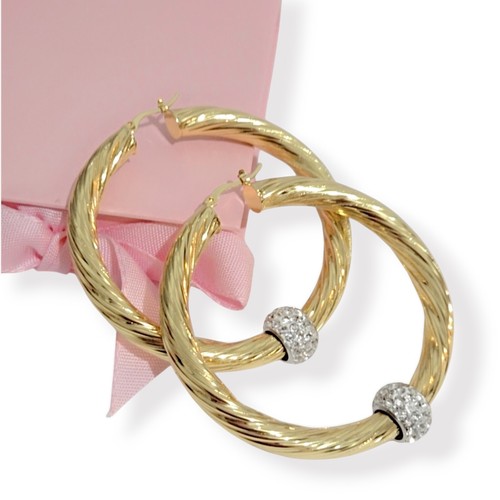9ct Gold Guilded Hoops Large & Chunky Twist Hoop Earrings With Sparkly Balls 70m - Picture 3 of 7