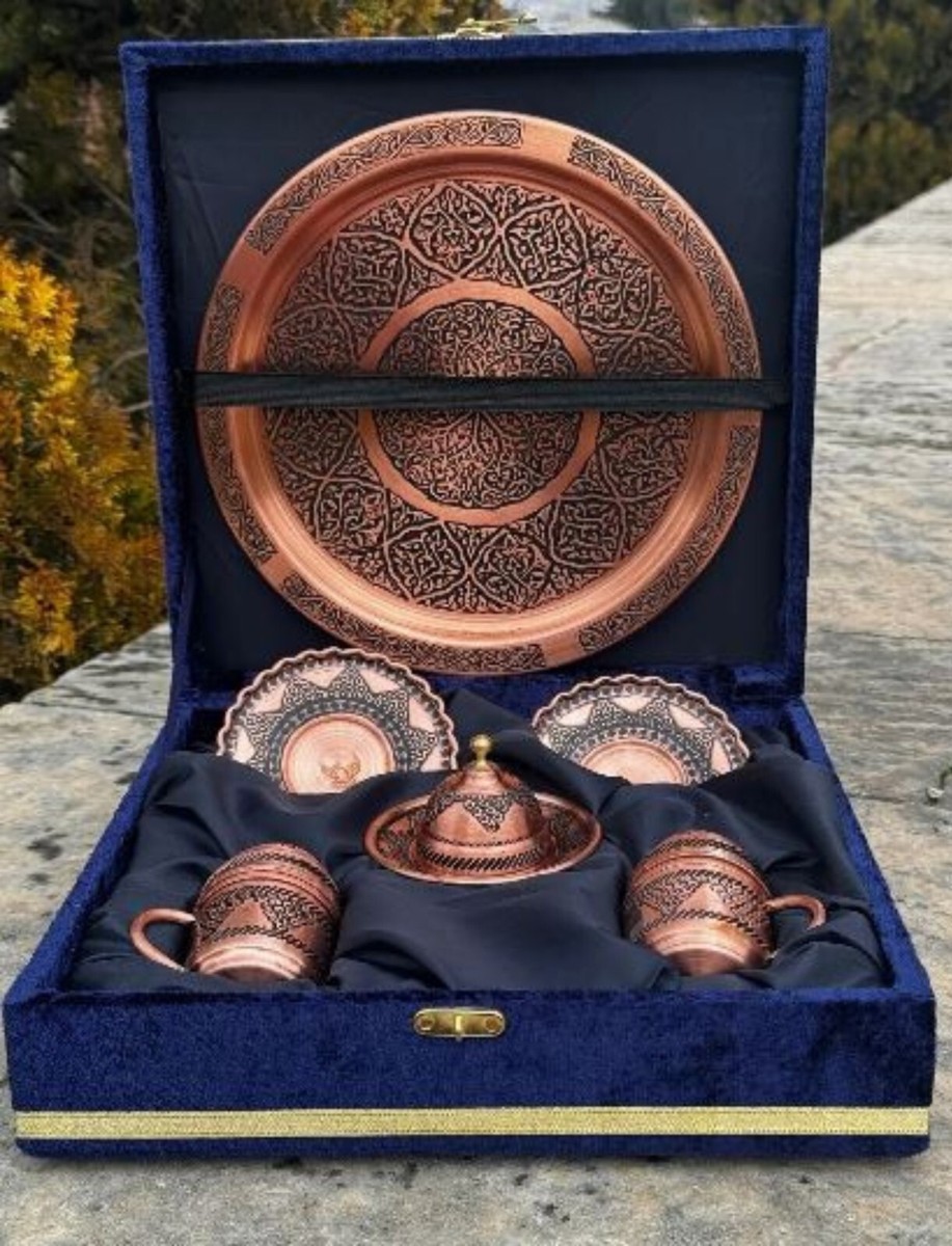 Handmade Turkish Copper Coffee Set, Espresso Cups with Tray Serving Set of  2
