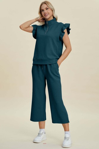 Double Take Full Size Texture Ruffle Short Sleeve Top and Wide Leg Pants Set - Picture 11 of 29