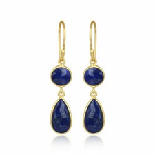 Lapis Lazuli Gemstone 925 Silver Heart Designer Drop Earrings - Gold Plated