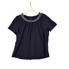 Talbots Nautical Preppy Embroidered Smocked Neck Short Sleeve Top Navy Womens XL
