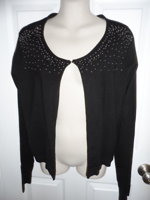 NWT Covington Women's Large Lightweight Sweater Black Beaded Cardigan One Button
