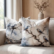Decorative Velvet Throw Pillow Covers 18x18 Set of 2, Bird Branch Print, So...
