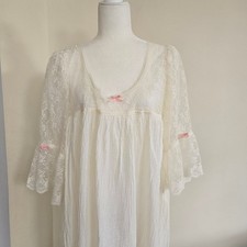 Vtg Nightgown Size Large Ivory Lace Gauze Pink Bows Babydoll Made in USA read