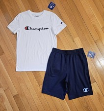 NEW Champion Youth Big Boy T-shirt Fleece Short Set, White/Navy YL