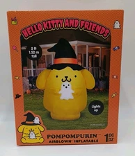 Hello Kitty Pompompurin Witch Hat & Ghost Light Up Halloween Yard Inflatable 5'