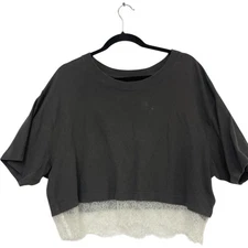 Urban Outfitters Boxy Shirt Womens Size L Black Floral Lace Trim Short Sleeve