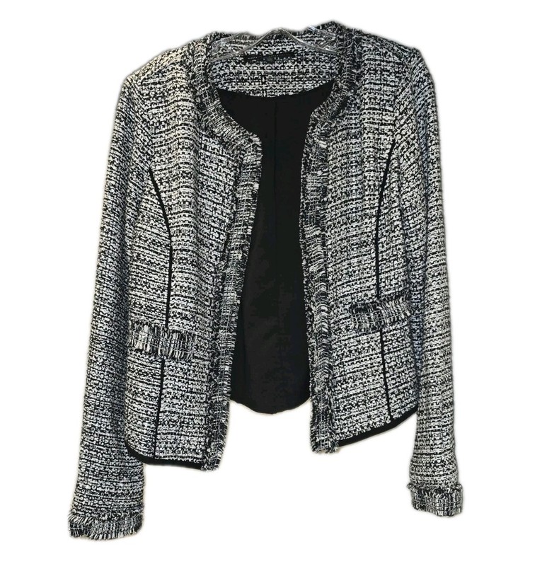 White House Black Market Metallic Tweed Knit Fringe Open Blazer Jacket Sz M
