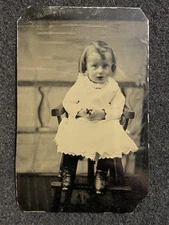 Cute Child Baby In Chair At Studio Antique Tintype Photo