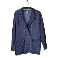 Chico's Blue Tweed Blazer Jacket Fringe Double Breasted Oversized Size 2 L 12 