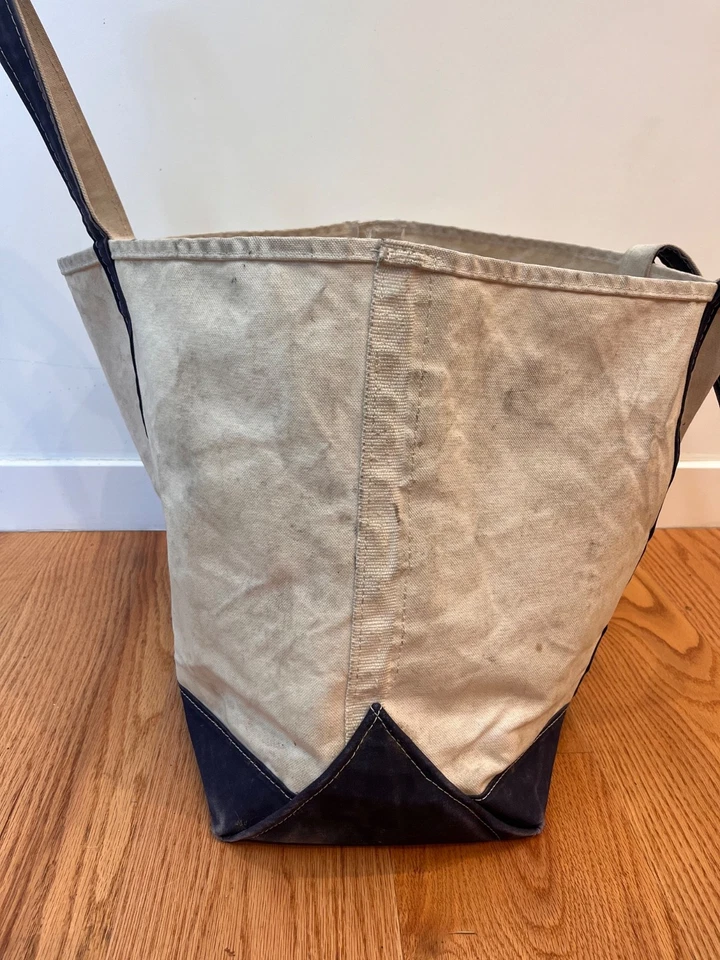 Vintage L.L. Bean лодка и сумка с короткими ручками X-Large холст сумка слоновой кости с синими ремнями - Изображение 4 из 4