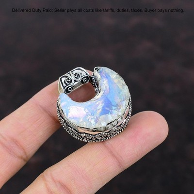 Milky Opal Rough Gemstone Wife Crescent Moon Vintage Pendant 925 Sterling Silver