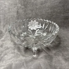 Footed Crystal Serving Bowl Sawtooth Edge Floral Etched 7” Dia