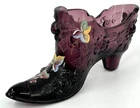 FENTON ART GLASS AMETHYST CABBAGE ROSE SHOE - HAND PAINTED BY JK SPINDLER