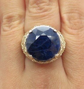 Authentic 925 Sterling Silver Gold Plated Real Round-Cut Sapphire Ornate Ring Size 7