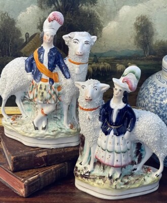 Antique Original 19C English Staffordshire Giant Sheep Lamb Ram Mantle Pair 8 