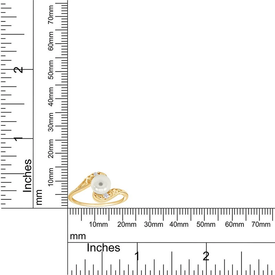 Anillo Bypass Perla Simulada y Diamante Natural Corte Redondo Chapado en Oro Amarillo 14K Foto 2 de 4