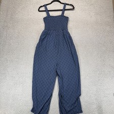 Isabel Maternity Jumpsuit Womens Blue Floral Smocked Pockets Stretch Wide Leg XS