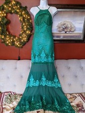 Romantic Small Long Sparkly Turquoise Emerald Sequin Lace Mermaid Formal Gown