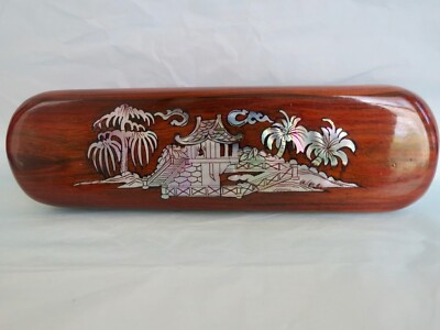 New! Made in Korea Rich Wood Pen Box w/ Mother of Pearl Inlay PALM TREES 7.25''