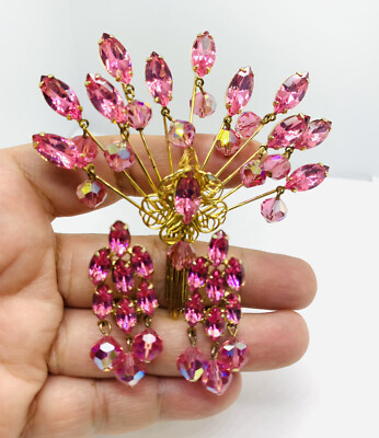 Vintage Gold Tone Pink Rhinestone Crystal Charms Brooch Clip On Earrings 