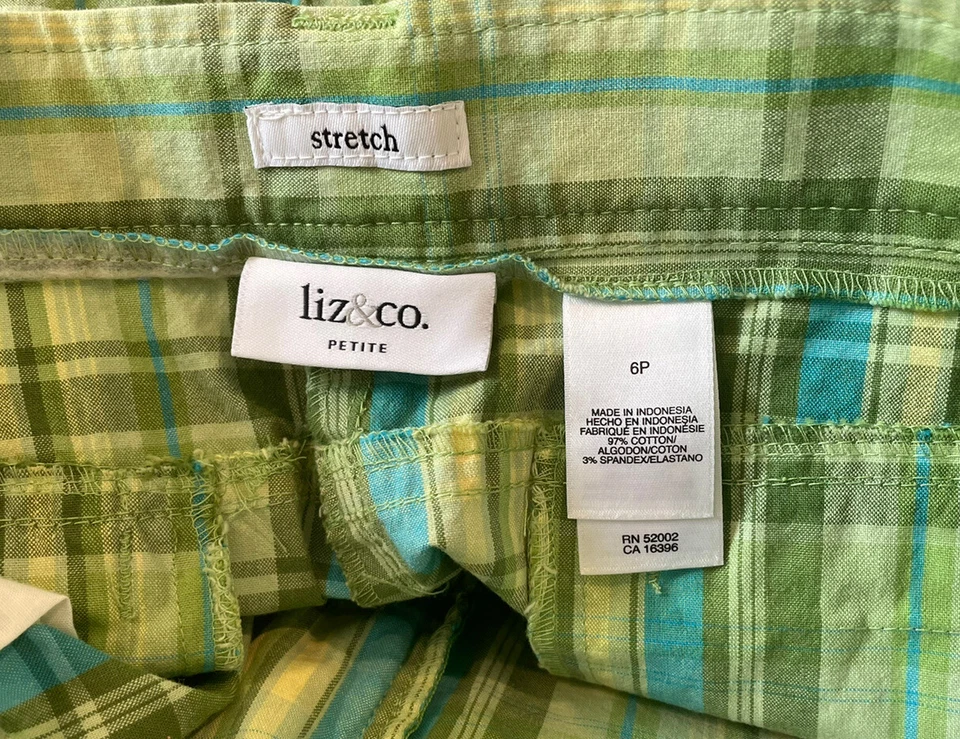 Pantalones Cortos Liz & Co. Petite Verde Azul A Cuadros Elastizados con Cordón Talla 6P Foto 3 de 3