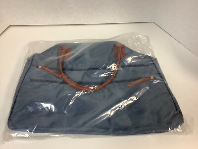 Nylon Zippered Overnight Bag, Slate Blue with Tan Vinyl Handles Tote Bag 18x13x7