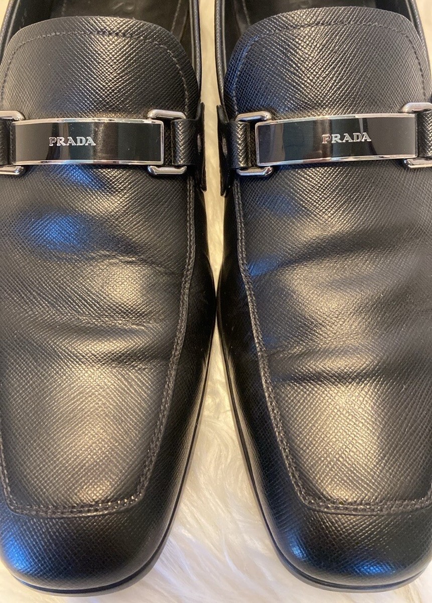 PRADA 2DC135 Black Saffiano Leather Lettering Logo Bit Loafers UK 7 - US 8 PRADA 2DC135 Black Saffiano Leather Lettering Logo Bit  main image 2