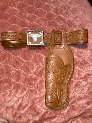 Vintage 1978 Gunsmoke CBS Kids Brown Rubber Belt & Holster Steer Longhorn