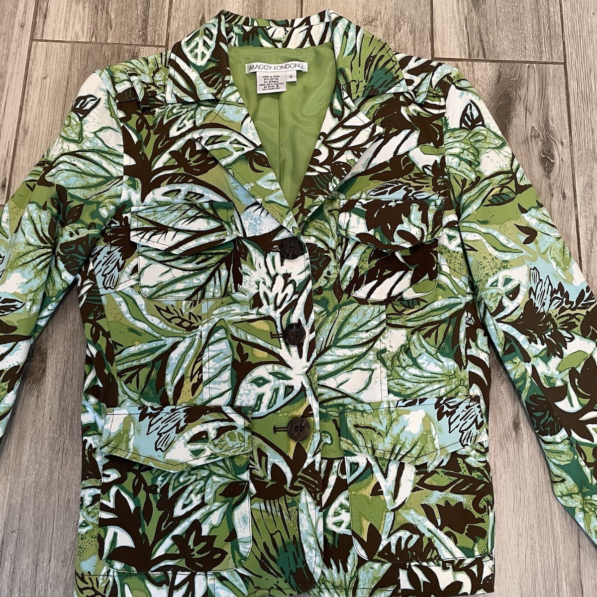Maggy London bright Green leaf print cotton Jacket Blazer Size 6