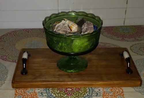 Farmhouse Style Reclaimed Wood Handmade Serving Tray Dark Brass/Ceramic Handles - Picture 2 of 6