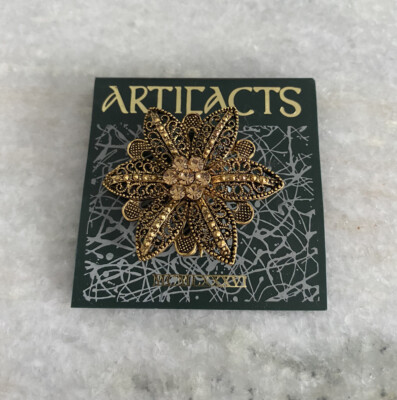 NOS Tag Artifacts Gold Tone Rhinestone Flower Brooch Pin