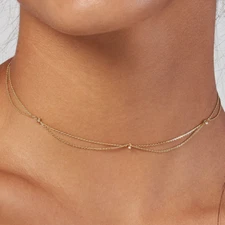 Natural Diamond 14K Yellow Gold Drape Chain Choker Necklace (Hollow) 15"-17"