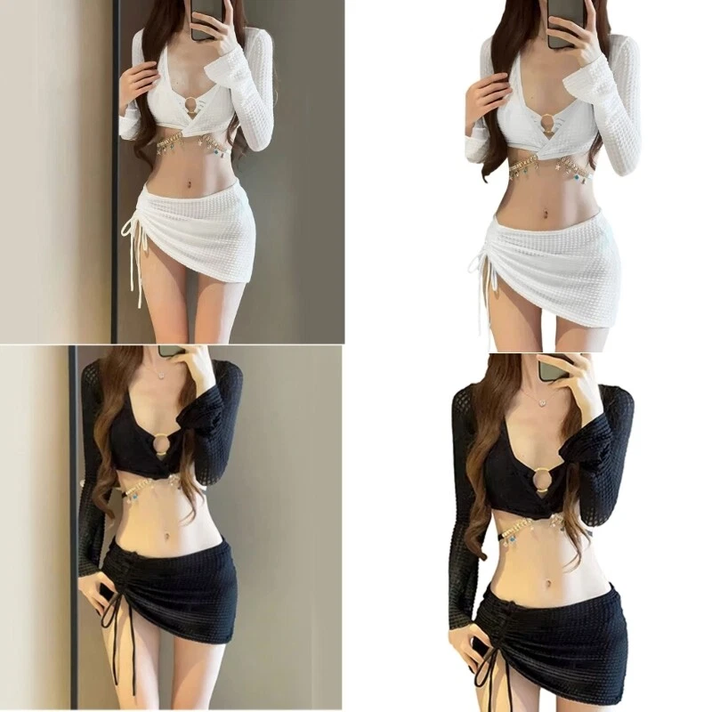 Womens 4 Piece Swimsuits Triangle Thong Bikinis Set Bathing Suit Cover Up Set - Image 2 of 4