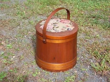 Vintage Large Wood Firkin Sugar Sewing Bucket with Needlepoint Lid 