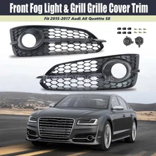 2PC Black Front Fog Light & Grill Grille Cover Trim For Audi A8 Quattro S8 15-17