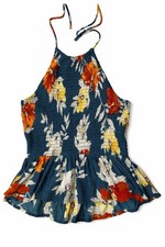 Patrons of Peace Blue Floral Ruffle Halter Camisole Blouse Sleeveless Top S