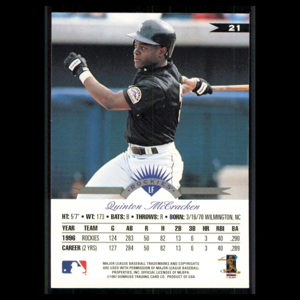 Quinton McCracken #21 1997 Leaf Colorado Rockies Baseball Card MLB NM - Image 2 of 3