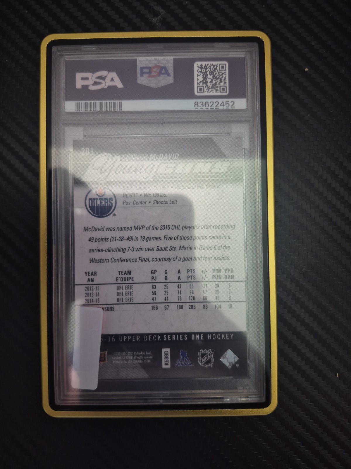 Connor McDavid 2015-16 UD Series 1 Young Guns Rookie RC #201 🔥PSA 9🔥 view 2