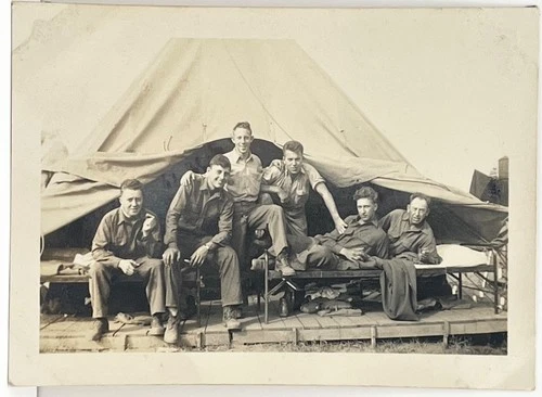 1940s Six Handsome Men Soldiers Relaxing at Tent Camp Vtg WWII Snapshot Photo