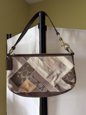 Vintage Y2K Coach 12525 Brown Beige Patchwork Shoulder Bag Zip Top Bag Charm 