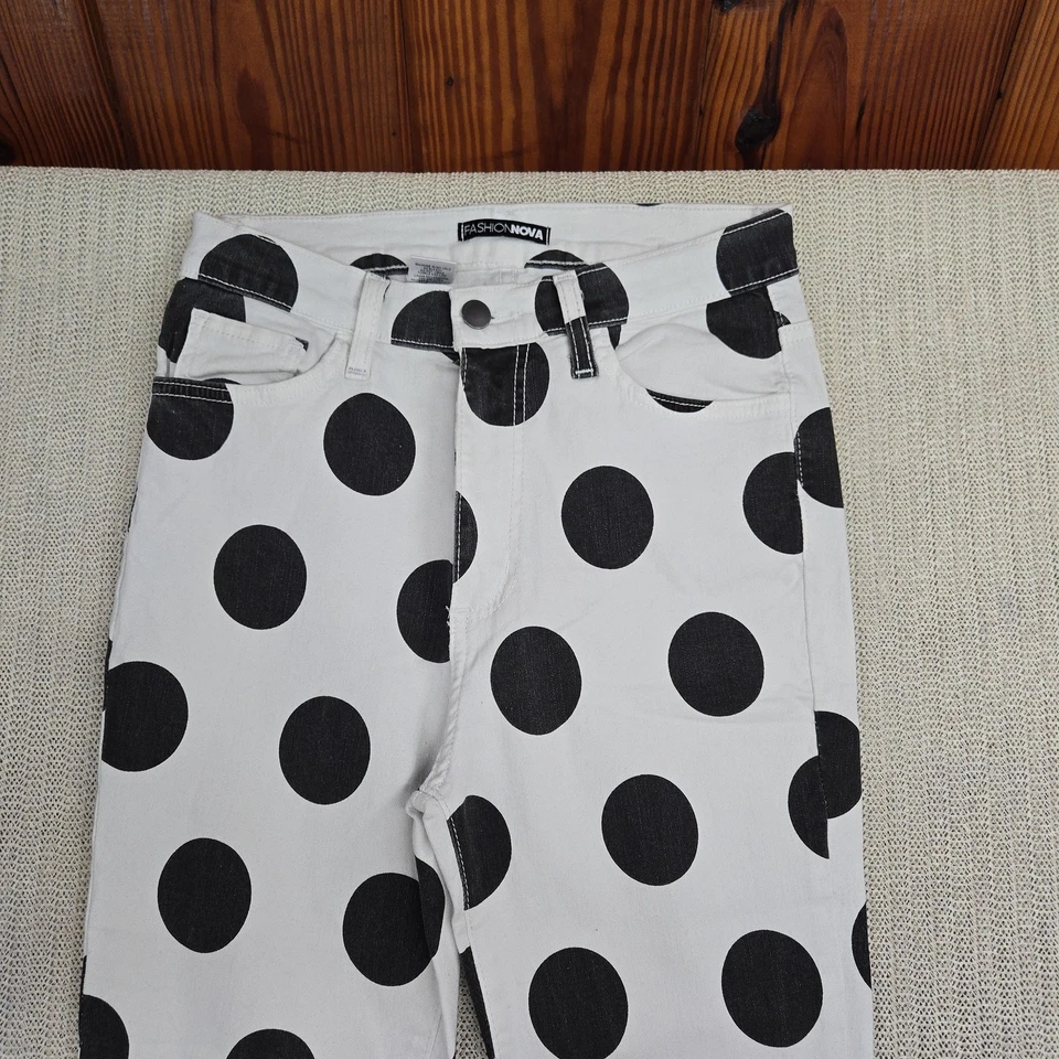 Fashion Nova Pants Womens 5 Black White Polka Dot Flare Bell Bottom Retro Jeans - Image 3 of 4