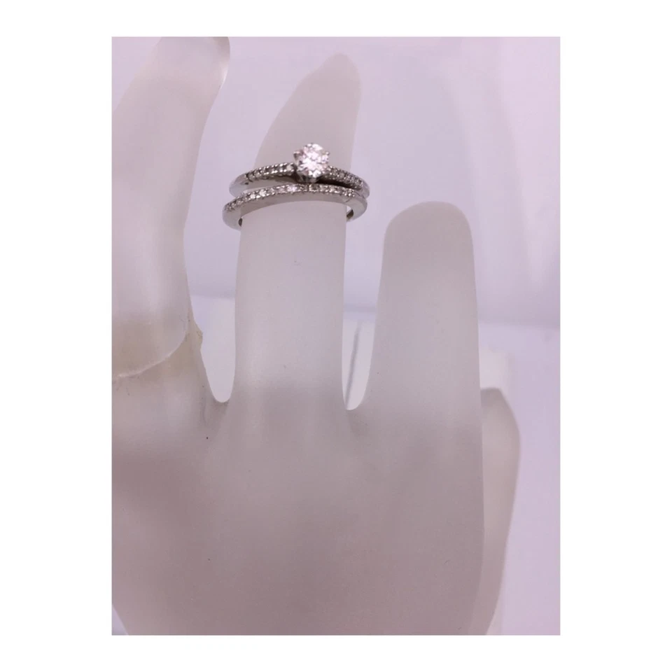 Solid 10K White Gold 0.35ctw Round Natural Diamond Solitaire Wedding Ring Set - Image 2 of 4