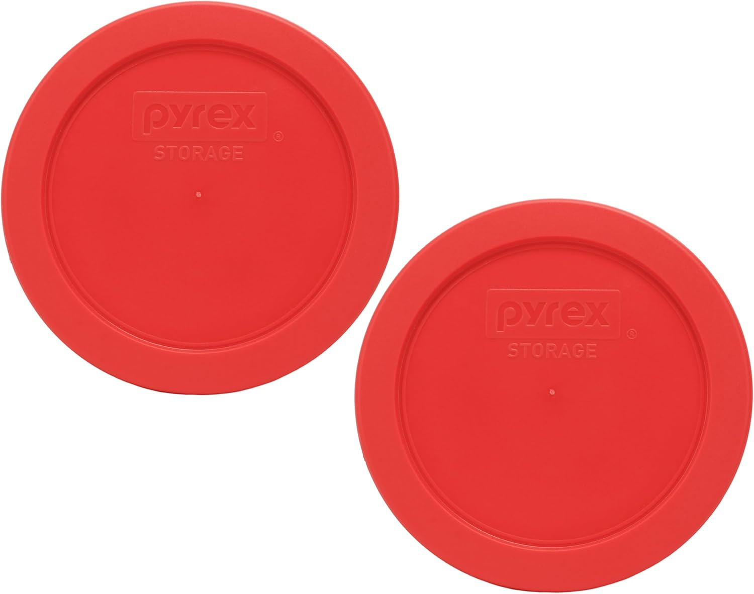 Two red Pyrex 7200-PC 2-cup food storage replacement lids with black logo and white circular text on top.