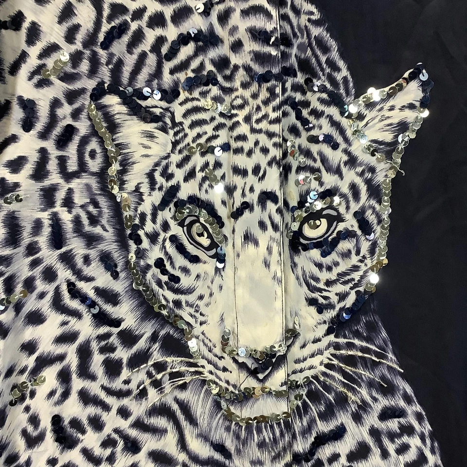 Diane Gilman рубашка женщин 1 X синий шелк леопард блестки кнопка спереди длинным рукавом - Изображение 2 из 4
